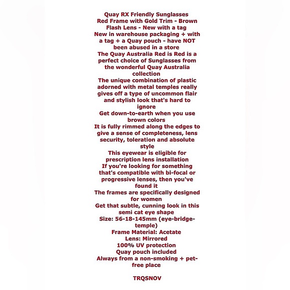 Quay RX Friendly Sunglasses Red Frames Brown Lens Semi Cat Eye Gold Trim NWT - Picture 2 of 11